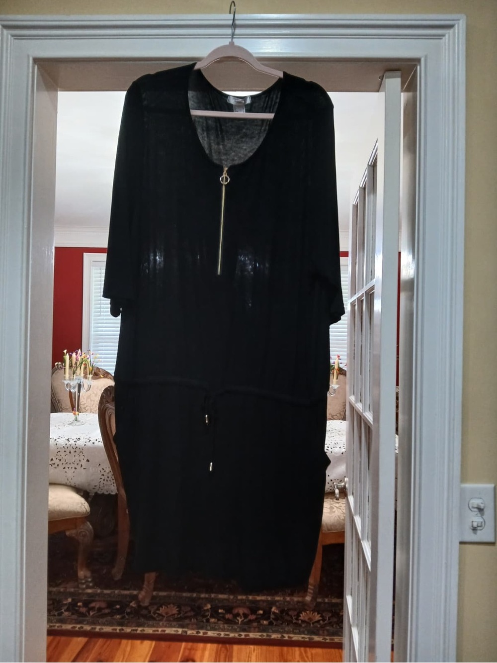 Black Zip-Front Lightweight Dress with Drawstring Waist